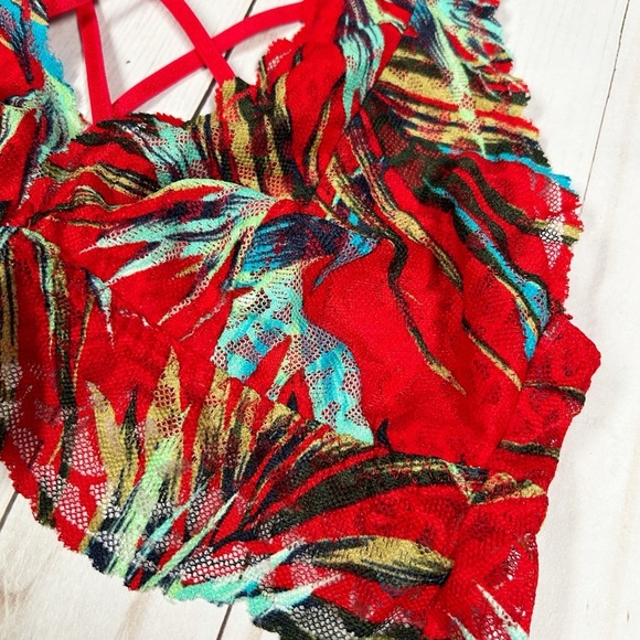 Victoria’s Secret PINK S Halter Neck Red Tropical Print Strappy Lace Bralette - Picture 3 of 10